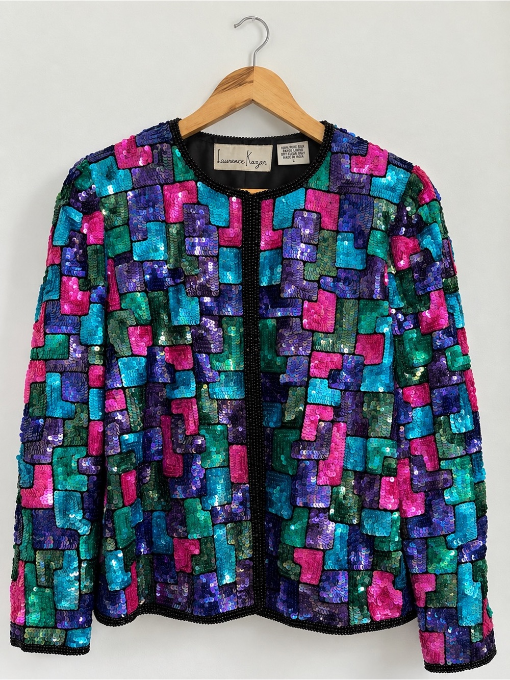 Vintage Laurence Kazar Silk Sequin Jacket Multicolor Beaded Size L Trophy Jacket